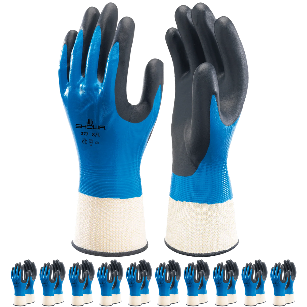 SHOWA 377 Waterproof Impermeable Fully Coated Work Gloves with Nitrile Grip (PACK of 10 PAIRS) - Mstore