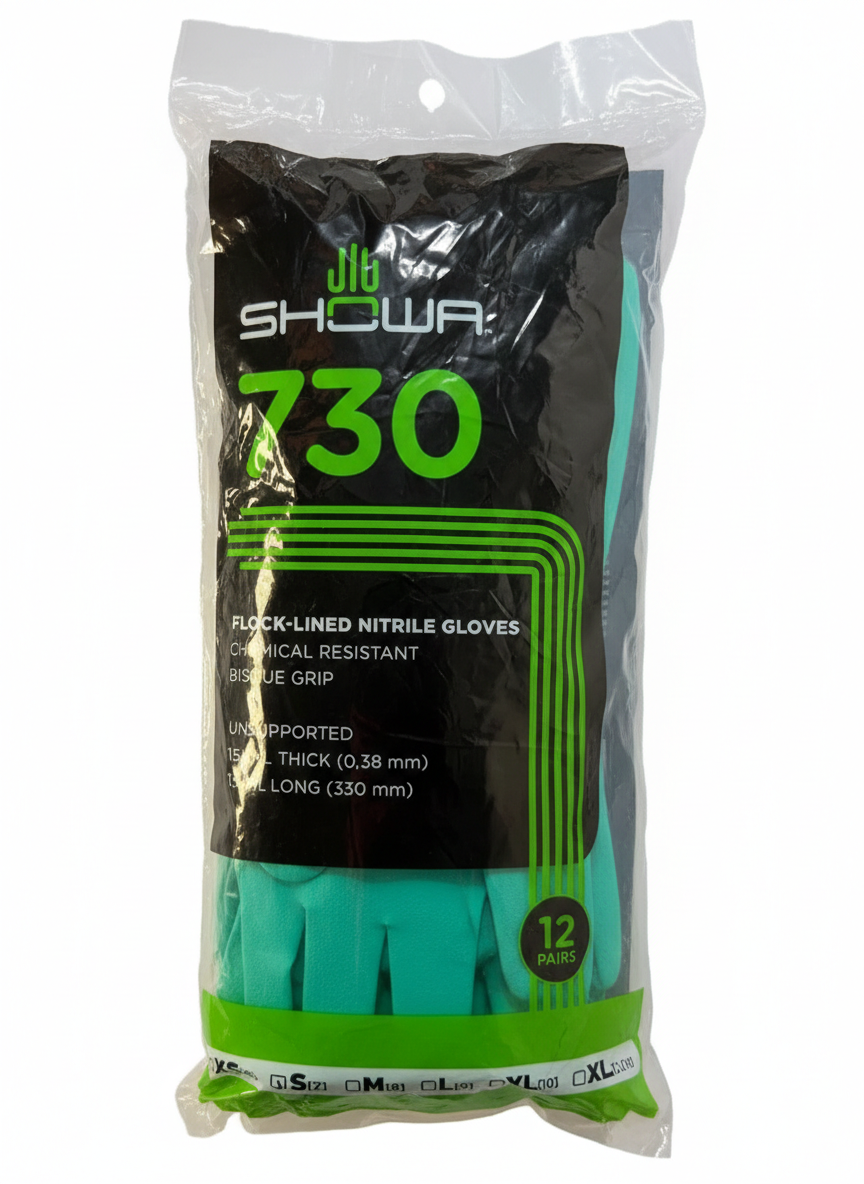 SHOWA 730 Textured Finish Nitrile Chemical Resistant Long Rubber Gauntlet Gloves (PACK of 12 PAIRS) - Mstore