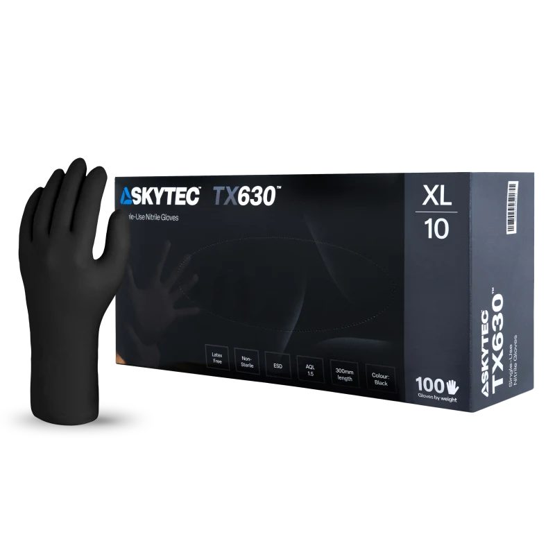 SKYTEC TX630 Longer Cuff Black Nitrile Disposable Latex Free Gloves (BOX OF 100) - Mstore