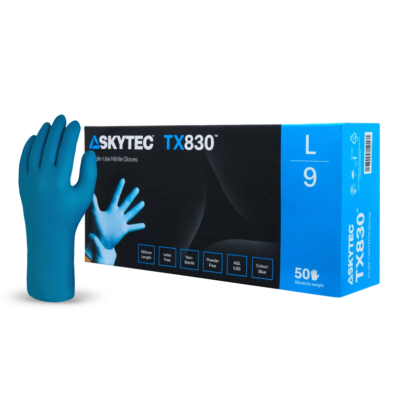 SKYTEC TX830 Longer Cuff Blue Nitrile Disposable Latex Free Gloves (BOX of 50) - Mstore