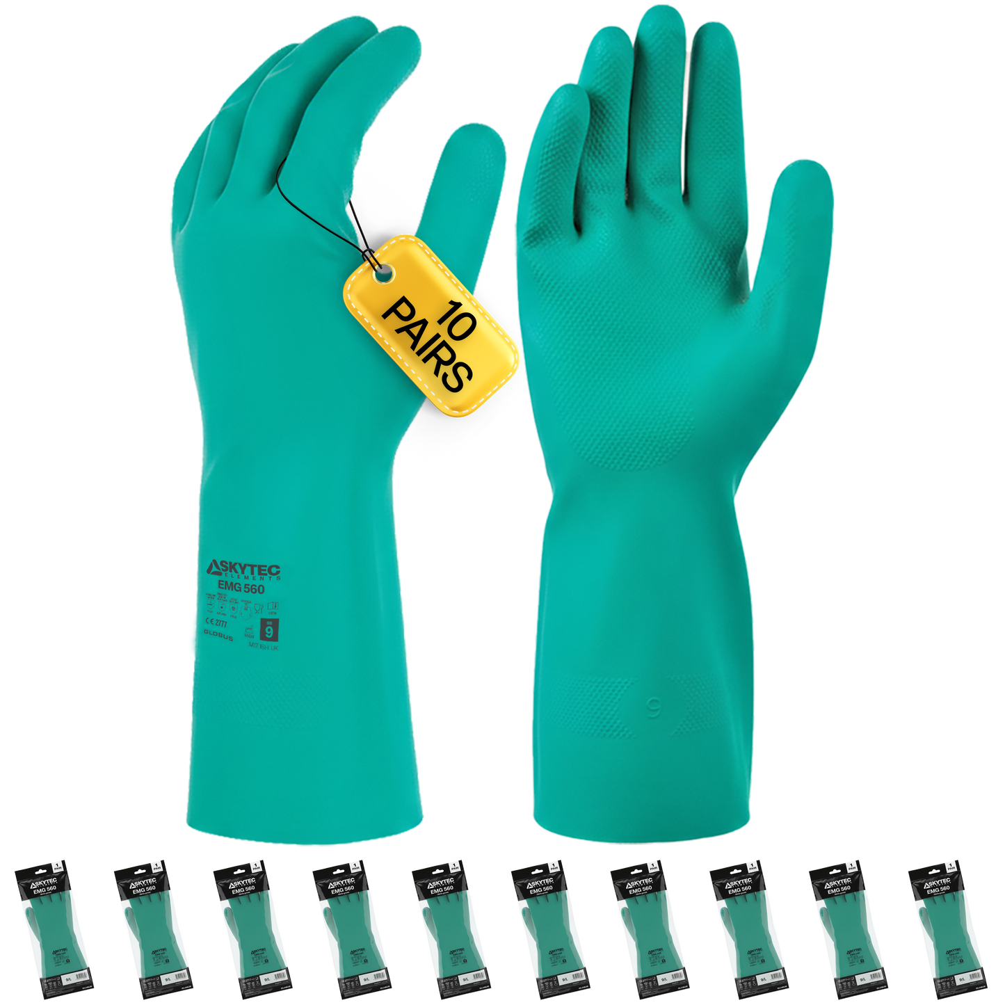 SKYTEC ELEMENTS EMG560 Chemical Resistant Food Safe Nitrile Gauntlet Gloves in Green (PACK of 10 PAIRS) - Mstore