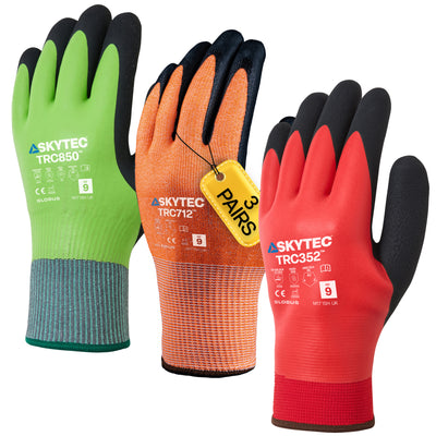SKYTEC Tricolore 3 Pack Colour Coded Cut Resistant Safety Work Gloves for Wet & Cold Conditions (TRC352, TRC712, TRC850) - Mstore